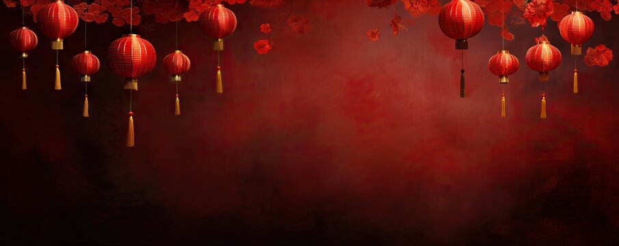 Red hanging lantern traditional Asian decor on red background with flowers. Chinese lantern festival. New Year abstract greeting backdrop with copy space. Design for poster, card, banner	