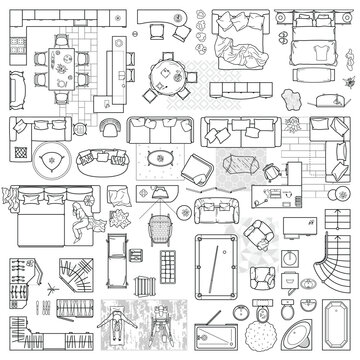 Floor plan view from above. Furniture and equipment collection in top view for house plan. Interior icons set for bathrooms and living room, kitchen and bedroom. Vector illustration