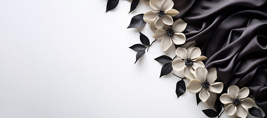 Close up flowers and black silk on white background. Flat lay top view black and white composition...