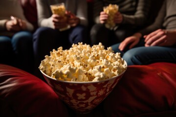 close up bowl of popcorn on a leather couch with friends sitting around, immersed in a movie night