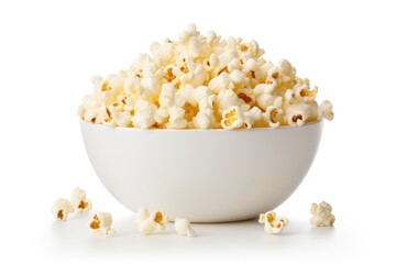 bowl overflowing with freshly popped popcorn kernels on a clean white background