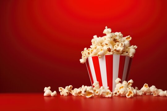 classic red and white striped popcorn bucket spills over with kernels on a matching red background, free space