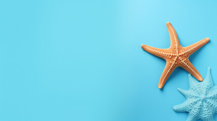 Fototapeta na wymiar Starfish with sand on blue background Summer background
