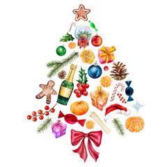 Watercolor illustration of a New Year's composition in the shape of a Christmas tree with holiday attributes, tangerines, champagne, Christmas tree, gifts, toys.