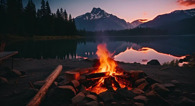 A cozy campfire near clear mountain waters. Generative AI