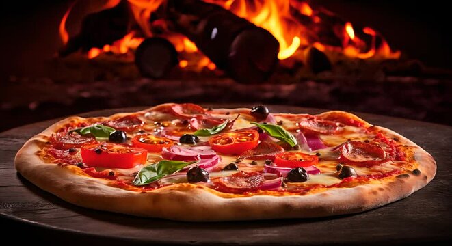 Delicious pizza with stone oven background