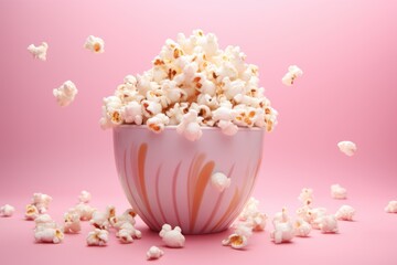 Obraz na płótnie Canvas pink bowl overflows with popcorn, capturing the festive spirit of a box office hit's movie premiere season