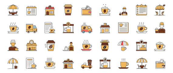 Set of 36 vector icons in flat style , coffee, coffee shop, coffee machine, barista, menu, takeaway coffee, summer cafe.