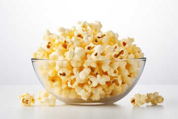 transparent bowl filled with popcorn on a clean, white background, emphasizing simplicity and taste