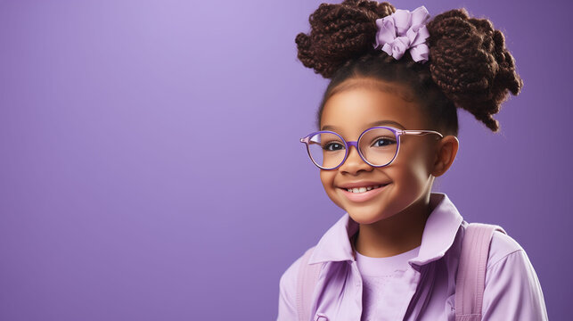 Portrait of beautiful african american girl wearing glasses on plain studio background. Health eyesight concept, school concept