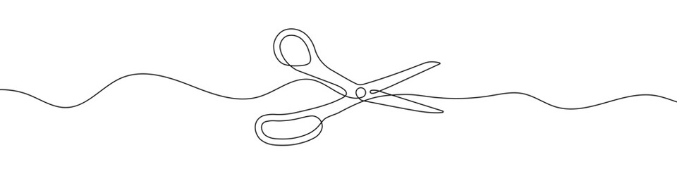 Continuous line drawing of scissors. One line drawing background.