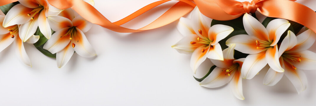 Close up flowers and orange silk ribbon on white panoramic background. Flat lay top view composition with copy space for banner