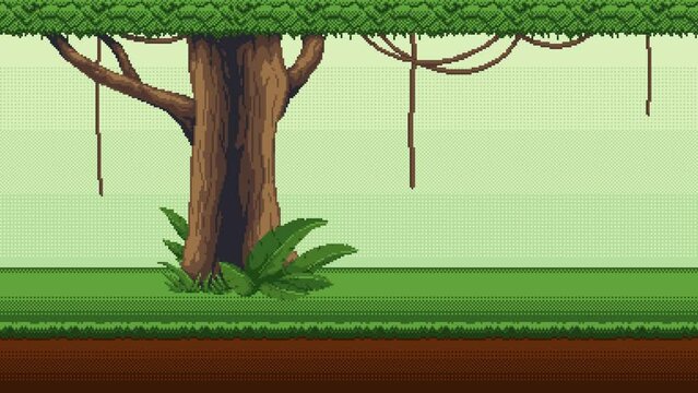 Looping animation of pixel art jungle forest background. Animated rainforest game location. Seamless clip of tropical forest in 2d retro 8-bit style.