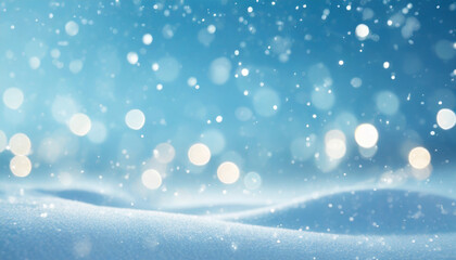 Fototapeta premium Abstract winter wonderland Christmas background with blue sky, bokeh fairy lights in a snow landscape. ai generated.