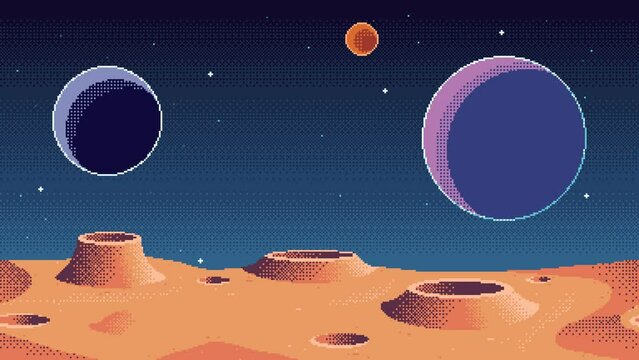 Looping animation of pixel art planet surface background with moons in the sky. Animated cosmic game location. Seamless clip of outer space in 2d retro 8-bit style.