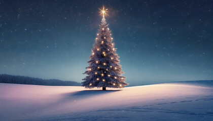 Horizontal photo of a Christmas tree standing in a snow mountain landscape with nighttime sky with stars. Winder wonderland concept. ai generated.