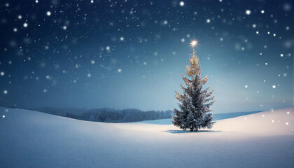 Naklejka premium Horizontal photo of a Christmas tree standing in a snow mountain landscape with nighttime sky with stars. Winder wonderland concept. ai generated.