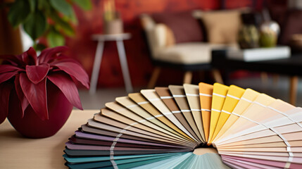 Stylish living room with a spectrum of paint swatches. Viva magenta and peach fuzz, color of year. - Powered by Adobe