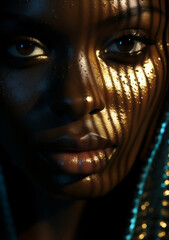 Portrait of african girl whose face illuminates the light.