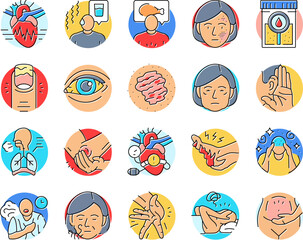 disease symptom health icons set vector. cough fever, virus flu, medical, coronavirus pneumonia, epidemic, medicine sick disease symptom health color line illustrations