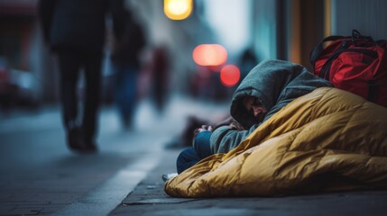 Homeless man sleeps in the sleeping bag at the street - Powered by Adobe