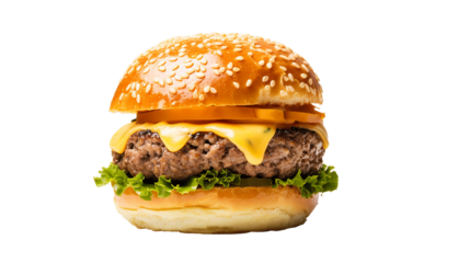 hamburger with cheddar cream and fresh and tasty brioche bun isolated on transparent or white background, png. Made with genreative ai