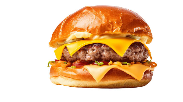 hamburger with cheddar cream and fresh and tasty brioche bun isolated on transparent or white background, png. Made with genreative ai