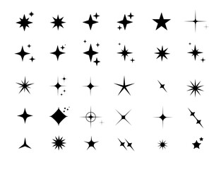Minimalist silhouette Star icons, star shape vector set. Abstract y2k sparkles. Twinkling stars, abstract sparkle black silhouettes symbol shining burst. Vector