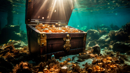 Open treasure chest sunken at the bottom of the sea.