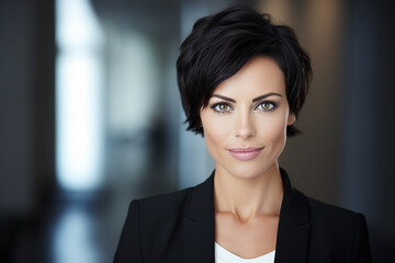 Fototapeta premium Professional Elegance: Portrait of a Caucasian Businesswoman with Short Black Hair
