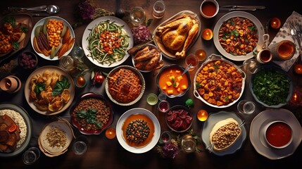 Lots of dishes on the Thanksgiving table. Top view