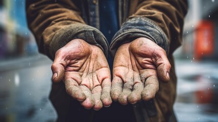 close-up of homeless man holding hands to get help. - obrazy, fototapety, plakaty