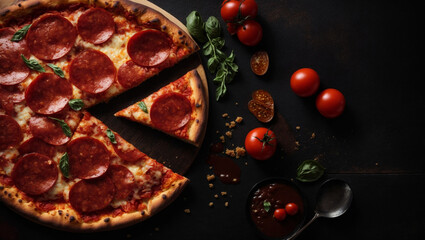 Tasty pepperoni pizza on wooden board over black dark background, pizza tomatoes, cheese, sauce, ingredients, text copy space, banner design, pizzeria, restaurant. generative AI