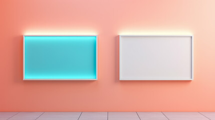 Minimalist interior design with two empty picture frames on a peach-colored wall. Mockup for you design.