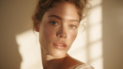 close up portrait of a beautiful woman with radiant skin, ai generated