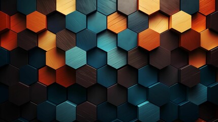 Blue and Orange Geometric Hexagon Wood Pattern Wall Background. Generative AI