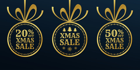 Fototapeta na wymiar Xmas sale design with golden Christmas ball. 20, 50 percent price off tag, icon or label. Winter holiday banner, background, promotion poster, promo card or flyer template. Vector illustration.