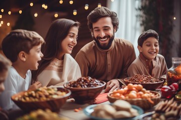 Muslim family enjoying a festive meal, Ramadan celebrations.