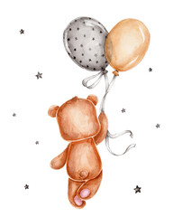 Cute teddy bear flies with balloons; watercolor hand drawn illustration 