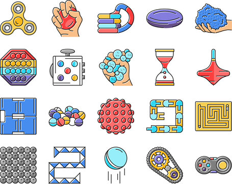 fidget toy fun antistress game icons set vector. pop it, stress silicone, bubble game, kid trendy, children, colorful finger, push fidget toy fun antistress game color line illustrations