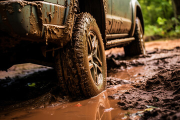 Fototapeta na wymiar a truck is driving through a muddy road