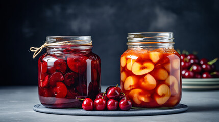 Homemade canned fruits plum and cherry