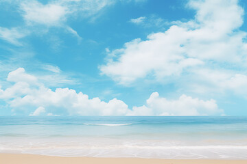 Fototapeta na wymiar Bumpy tropical sandy beach with blurry blue ocean and sky