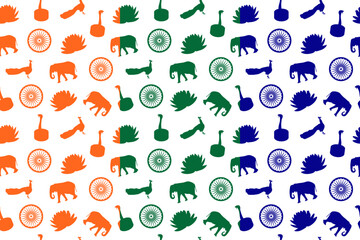 Set of India symbols pattern in flag colors (saffron, white, green, navy blue). Elephant, snake, peacock, lotus. For national holidays and events. - obrazy, fototapety, plakaty