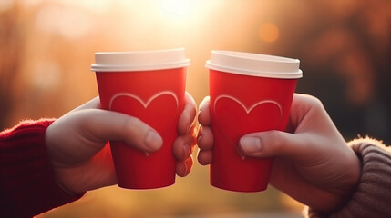 Close up of hands holding two red paper coffee cups with heart on blurred background. Love,...