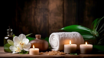 Fototapeta na wymiar Aromatherapy, madero therapy, spa, beauty treatment and wellness background with candles on a dark background
