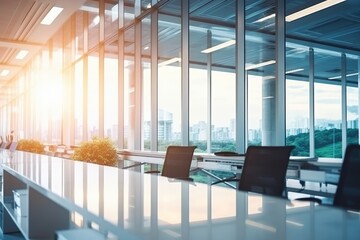 Light modern office interior blurred background of panoramic windows and beautiful lighting