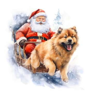 Santa Claus riding a sleigh with a chow chow