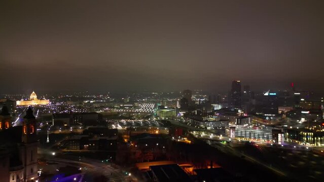 St Paul downtown at night with foggy and gloomy air. Cathedral and State capitol