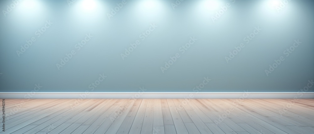 Wall mural wood floor with gray and soft blue wall for present product